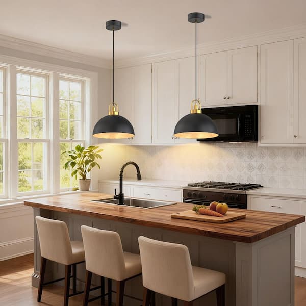 1-Light Black Gold Farmhouse LED Pendant Lights, Vintage Adjustable Hanging Lights for Kitchen and Home Decor, 2-Pack