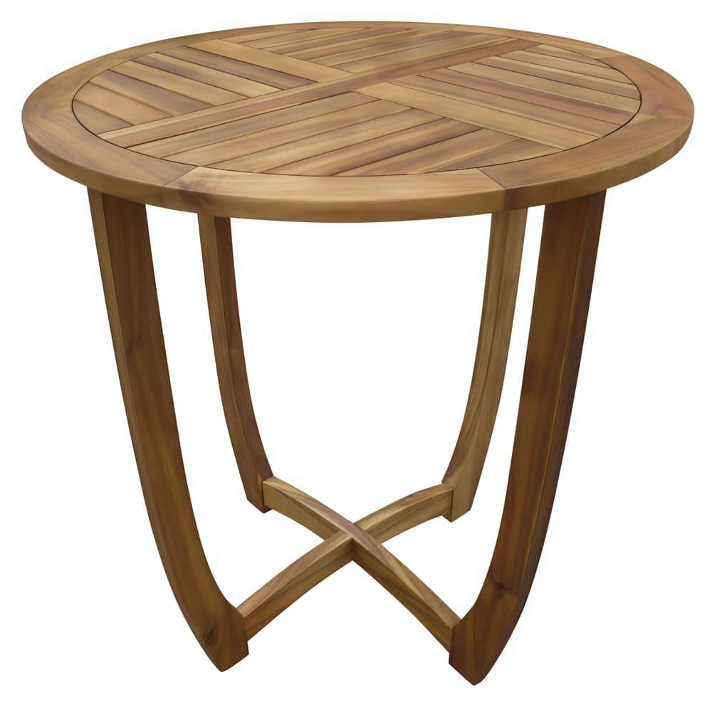 Outdoor 27.5 in. Round Acacia Wood Slat Top Patio Side Table with Curved Cross Base, Rustic Small Dining Table, Teak price history on PriceWatchPro
