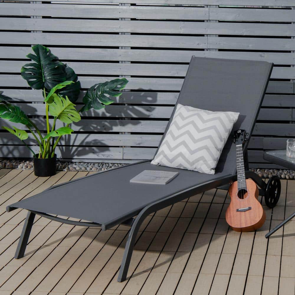 Gray Steel Adjustable Outdoor Chaise Lounge with Wheels