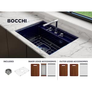 Baveno Uno Sapphire Blue Fireclay 27 in. Single Bowl Undermount/Drop-In 3-hole Kitchen Sink w/Integrated WS and Acc.
