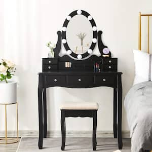 Black Wooden Bedroom Vanity Sets Makeup Table with Oval LED Light Mirror and Stool