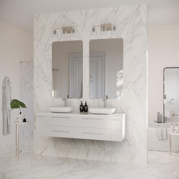 Lucera 60 in. Double Sink Wall Mount Floating White Bath Vanity with White Quartz Top and Vessel Ceramic Sinks