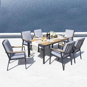 Nova 7-Piece Aluminum and Teak Outdoor Dining Table Set with Grey Cushions