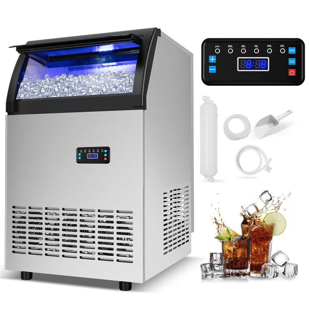 19 in. 145 lbs. per day High-Density Ice Cube Freestanding Ice Maker Water Spray Ice-Making in Silver w/ 3-Exhaust Fans