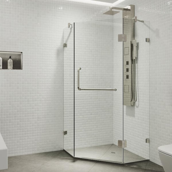 VIGO Piedmont 34 in. L x 34 in. W x 73 in. H Frameless Pivot Neo-angle Shower Enclosure in Brushed Nickel with Clear Glass