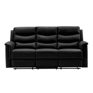 77.5 in. Square Arm Faux Leather 3-Seater Sofa Manual Reclining Motion Straight Sofa with Cup Holders in Black