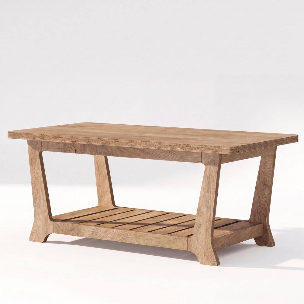 47.2 in. Farmhouse Brown Rectangle Wood Coffee Table with Storage, 2-Tier Center Table with Open Shelves, Space Saving