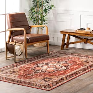 Hera Spill-Proof Machine Washable Red 5 ft. x 8 ft. Medallion Area Rug