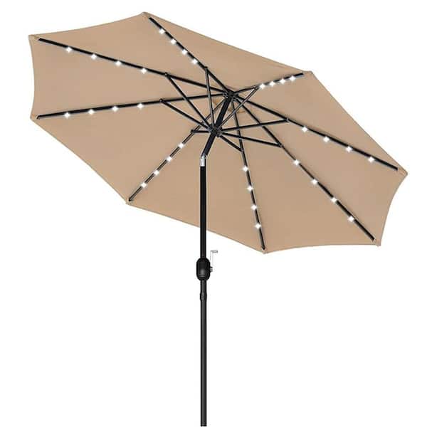 Misopily 9 ft. Steel Solar Lighted Market Table Push Button Tilt Patio Umbrella in Tan with LED for Garden, Deck, Backyard