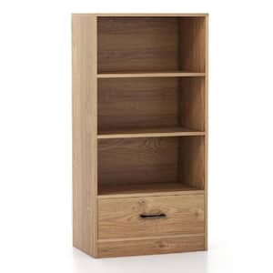 48 in. Tall Natural Wood 3-Open Shelf Bookcase Storage Drawer Modern Freestanding Display Shelf
