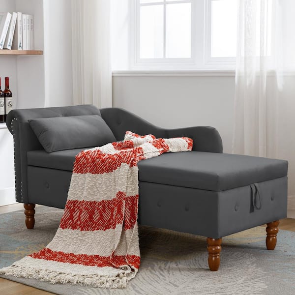 Uixe Modern Black Velvet Upholstered Buttons Tufted Storage Chaise Lounge Nailhead Trim with Solid Wood Legs and 1-Pillow