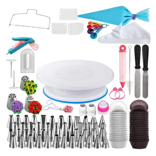 206-Piece Cake Decorating Set w/ Stainless Steel Tips, Non-Slip Turntable, Piping Tips, Reusable Bags