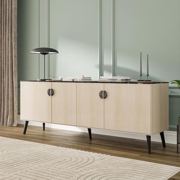 Manhattan Comfort Haley White and Black Composite Wood 78.74 in. Mid-Century Modern Sideboard