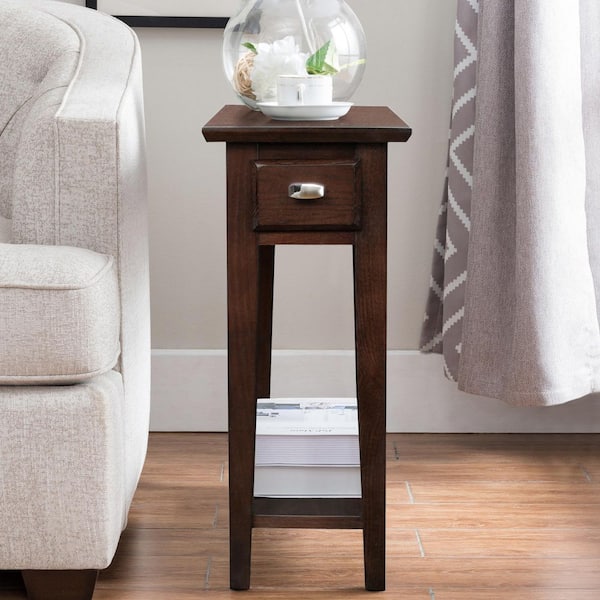 Favorite Finds 10 in. W Chocolate Oak Rectangle Wood Narrow End / Side Table with 1-Drawer and Shelf