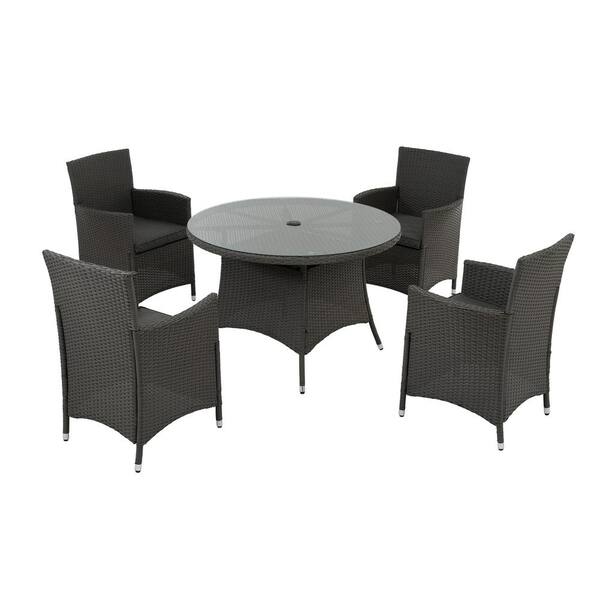 Unbranded Grey 5-Piece Wicker Outdoor Dining Set, All-Weather Patio Dining Table and Chairs with Grey Cushions and Umbrella Hole
