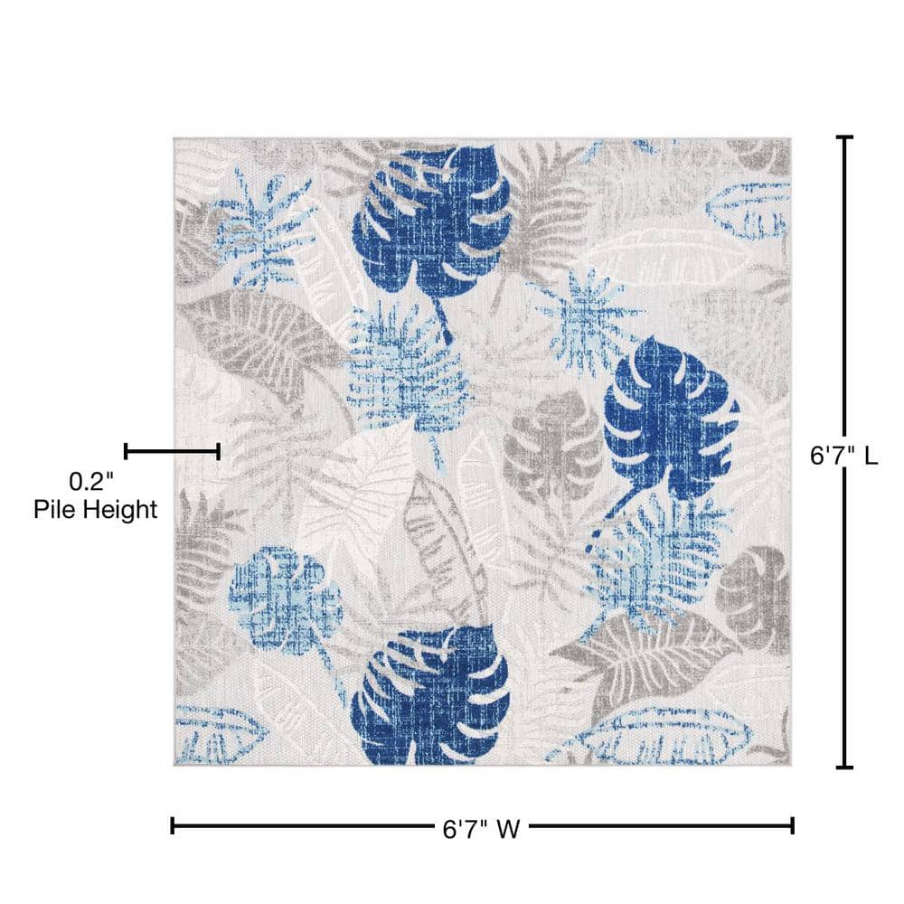 Cabana Floral Square Easy-Care Blue Synthetic 79" Area Rug