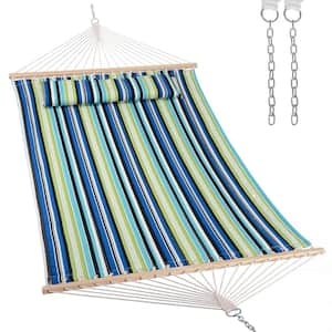 Double Hammock Quilted Fabric Swing with Spreader Bar, Detachable Pillow, 55" x 79" Large Hammock, Green Stripes