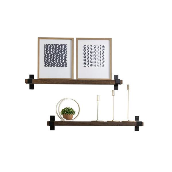 Intrinsic Haven Industrial Wrap 32 in. W x 6 in. D Dark Brown Pine Wood Set of 2-Decorative Wall Shelf with Brackets