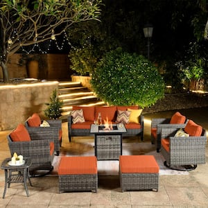New Vultures Gray 9-Piece Wicker Patio Fire Pit Conversation Set with Orange Red Cushions and Swivel Rocking Chairs