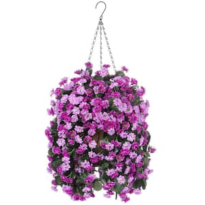 25 in H. Purple Pink Artificial Flowers in Hanging Basket, Garden Yard Spring Summer Decoration