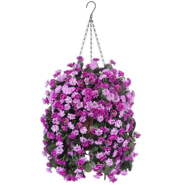 Unbranded 25 in H. Purple Pink Artificial Flowers in Hanging Basket, Garden Yard Spring Summer Decoration