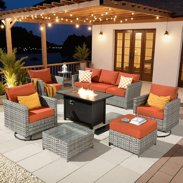 XIZZI SunnyBraid Gray 10-Piece Wicker Outerdoor Patio Rectangular Fire Pit Set with Orange Red Cushions