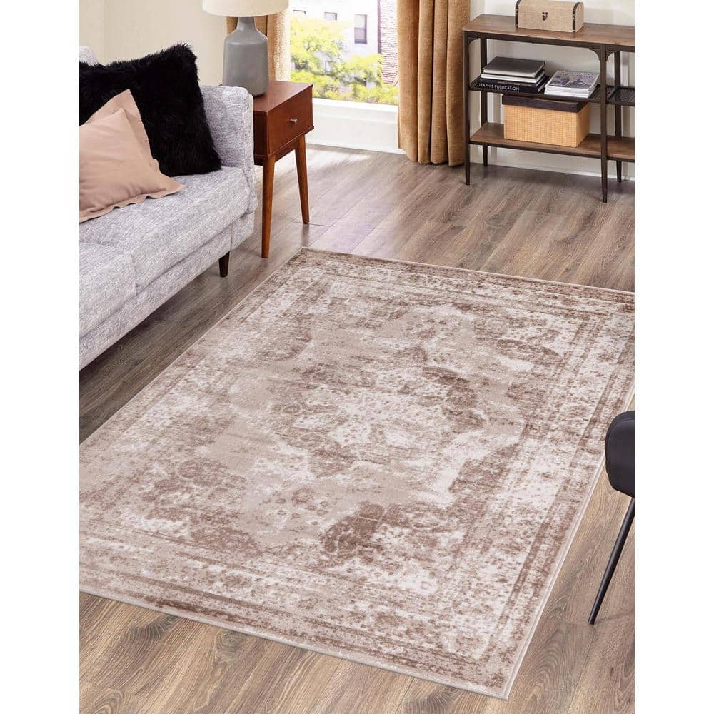 Beige 6'x9' Rectangular Synthetic Easy-Care Stain-Resistant Rug
