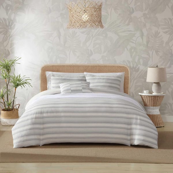 Tommy Bahama Island Waffle Stripe 3-Piece Ivory Cotton Blend Full/Queen Duvet Cover Set