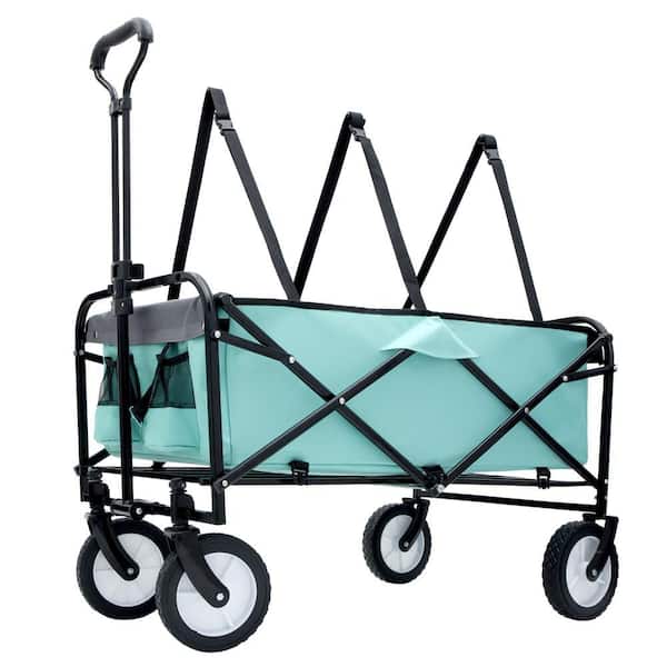 Unbranded 7 cu. ft. Strap Collapsible Foldable Wagon Cart Steel Garden Cart with 3-Pieces Plastic Liner Bag /Cover, Green