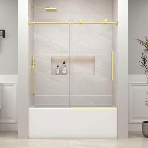 55-60 in. W x 60 in. H Sliding Frameless Tub Door in Brushed Gold with 1/4 in. Clear Glass