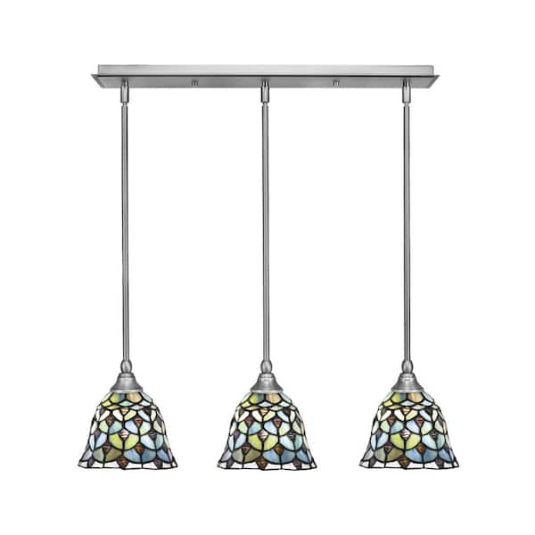 Unbranded Livingston 100-Watt 3-Light Nickel Shaded Pendant Light with 7 in. Crescent Art Glass Shades, No Bulbs