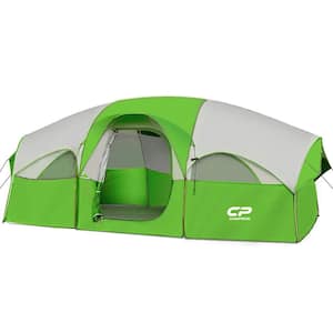 8-Person Camping Tents, 5 Large Mesh Windows, Double Layer, Divided Curtain with Carry Bag in Green