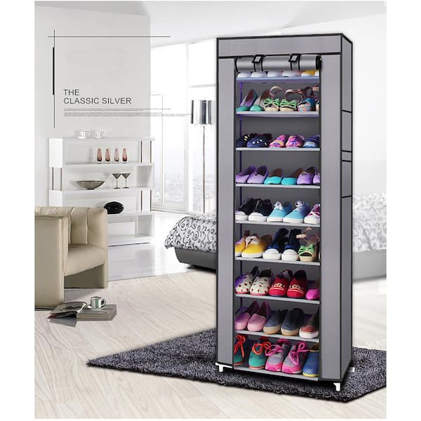 TXT&BAZ 36-Pairs Portable Shoe Rack Double Row with Nonwoven Fabric Cover (7-Tiers Black)