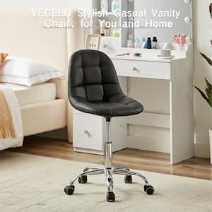 Modern Armless Home Office Stool, Height Adjustable Office Desk Chair, PU Leather 360-Degree Swivel with Wheels, Black