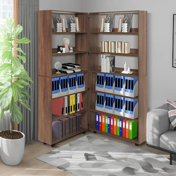 Homy Casa ARDET 71 in. Tall Versatile Walnut Brown Wood 6-Tier Adjustable Shelves Standard Bookcase with Casters for Mobility