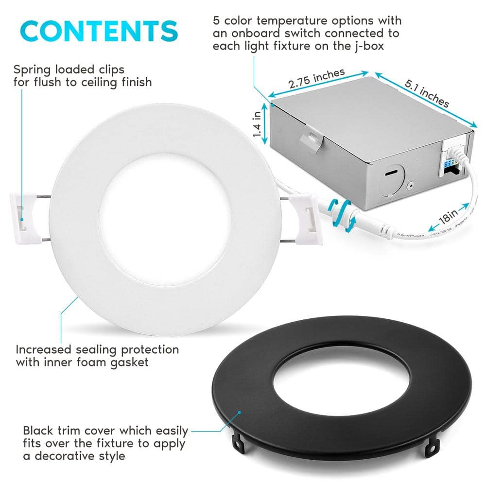 3'' Black LED Canless Recessed Lighting Kit with Switchable White