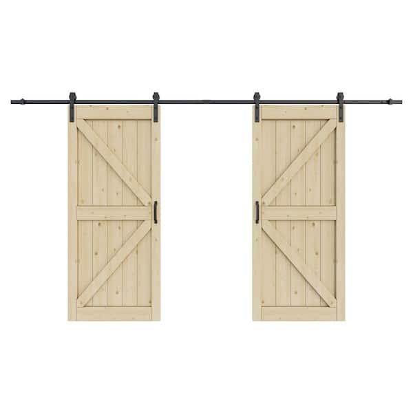 72 in. x 84 in. K-Shape Solid Core Pine Wood Unfinished Sliding Barn Door Slab with Hardware Kit and Soft Close