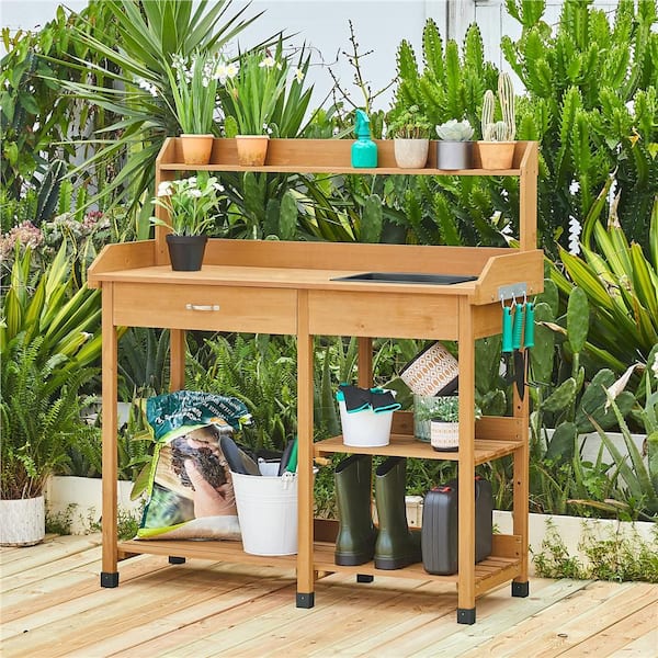 Yaheetech Outdoor Solid Wood Potting Bench with Drawer, Adjustable