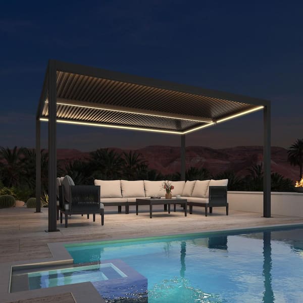 10 ft. x 14 ft. Gray Aluminum Frame Outdoor Louvered Pergola Gazebo with Adjustable Sunshade Roof and LED Strip Lights