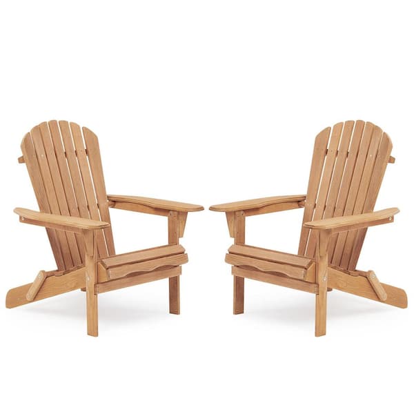 Mondawe Sunset Brown Wood Folding Reclining Lounge Wooden Adirondack Chair with Curved Back Slats Set of 2 for Garden, Lawn