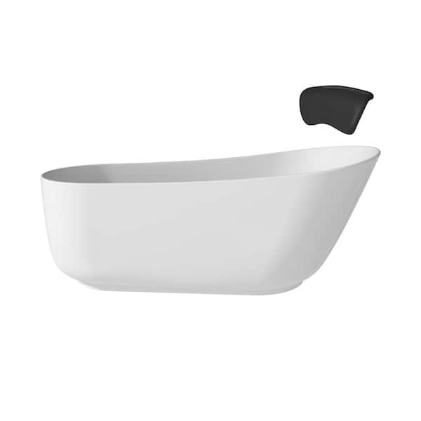 CASAINC 59 in. x 30 in. Solid Surface Stone Free Standing Tub Soaking Bathtub in Matte White with Black Bathtub Pillow