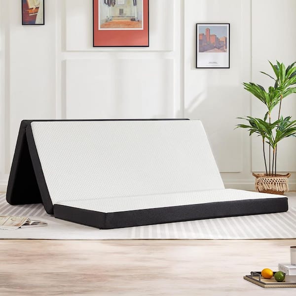 WONDER COMFORT Black 4 in. Queen Size Memory Foam Tri-Fold Mattress Topper Folding Mattress with Washable Cover for Camping and Yoga