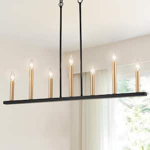 7-Light Farmhouse Matte Black with Gold Candle Linear Pendant Light Modern 7-Lights Hanging Kitchen Island Light