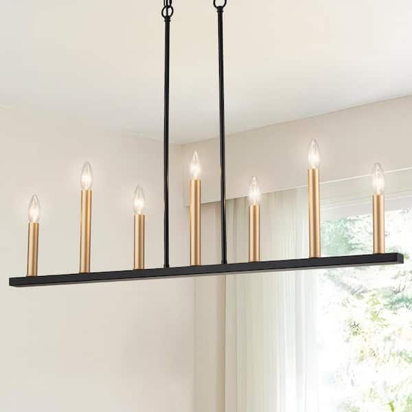 GoYeel 7-Light Farmhouse Matte Black with Gold Candle Linear Pendant Light Modern 7-Lights Hanging Kitchen Island Light