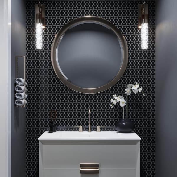 Black 12 in. x 12 in. Penny Round Polished Glass Mosaic Tile (5-Pack) (5 sq. ft./Case)