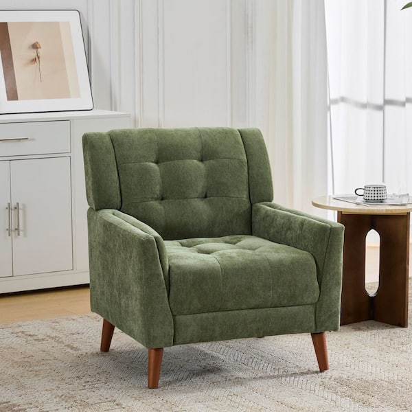Sophy Green Chenille Accent Arm Chair with Tufted Cushions, Solid Wood Legs (Set of 1)