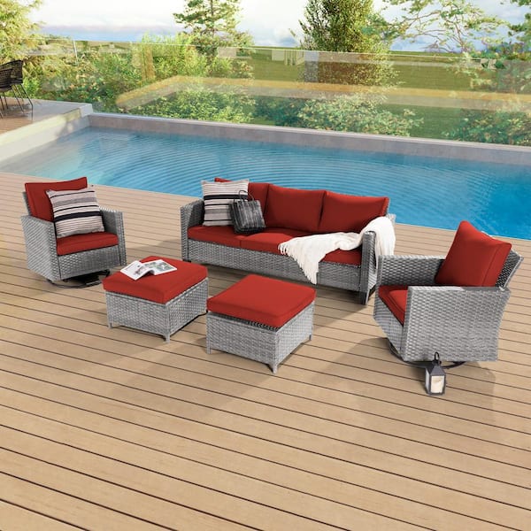 Sonkuki 5-Piece Patio Conversation Set Gray Wicker with Swivel Rocking Chair and Rust Red Thickening Cushions