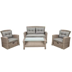 4-Piece Beige Brown Wicker Rattan Sectional Sofa with Gray Cushions