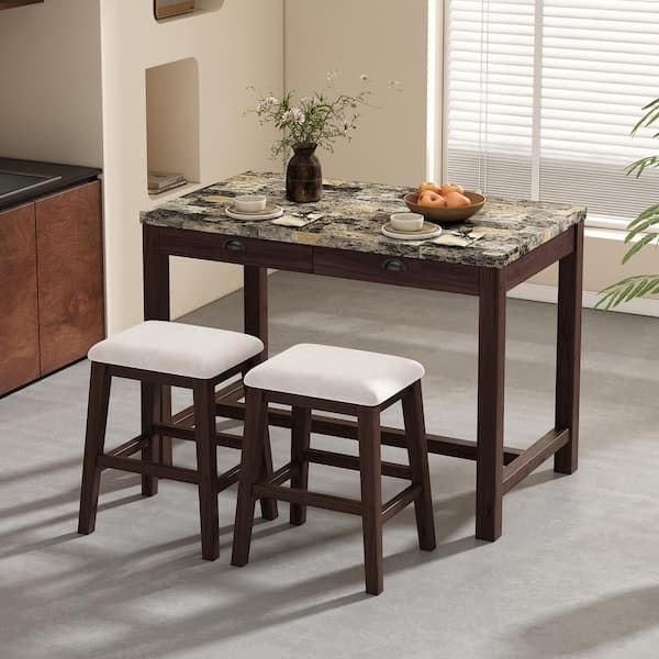 3-Piece Rectangle Walnut MDF Dining Table Set (Seats-2)