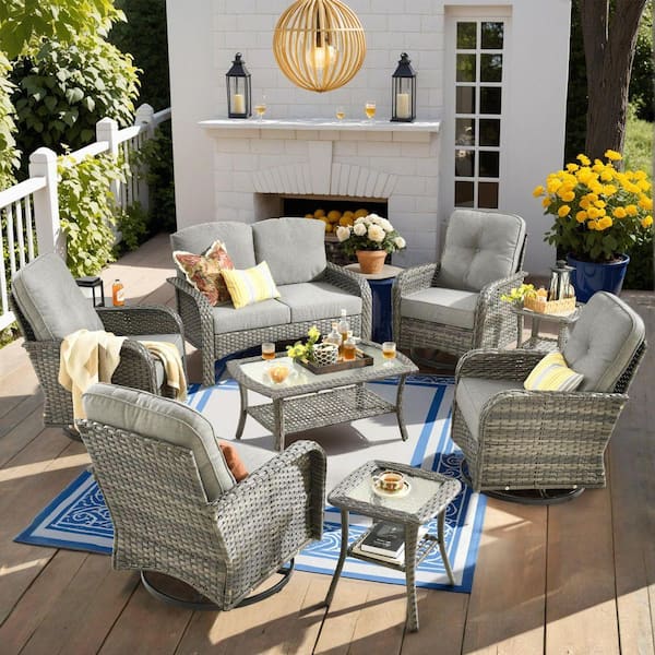 Denali Gray 8-Piece Wicker Patio Conversation Sofa Seating Set with Swivel Rocking Chairs and Dark Gray Cushions